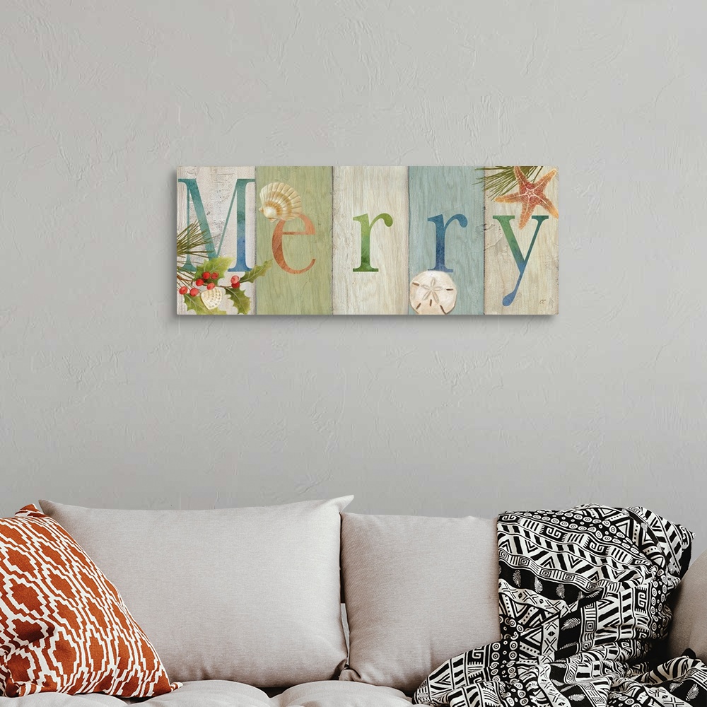 A bohemian room featuring "Merry" on a multi-colored wood plank background with holly and shells.