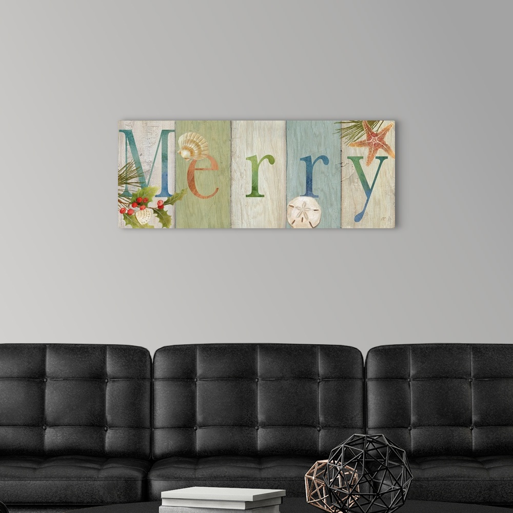 A modern room featuring "Merry" on a multi-colored wood plank background with holly and shells.