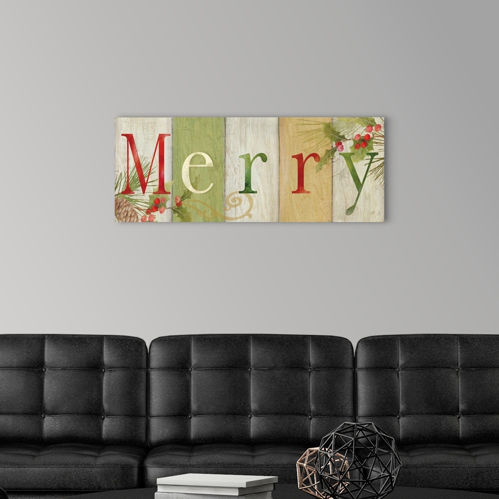 A modern room featuring "Merry" on a multi-colored wood plank background with holly.