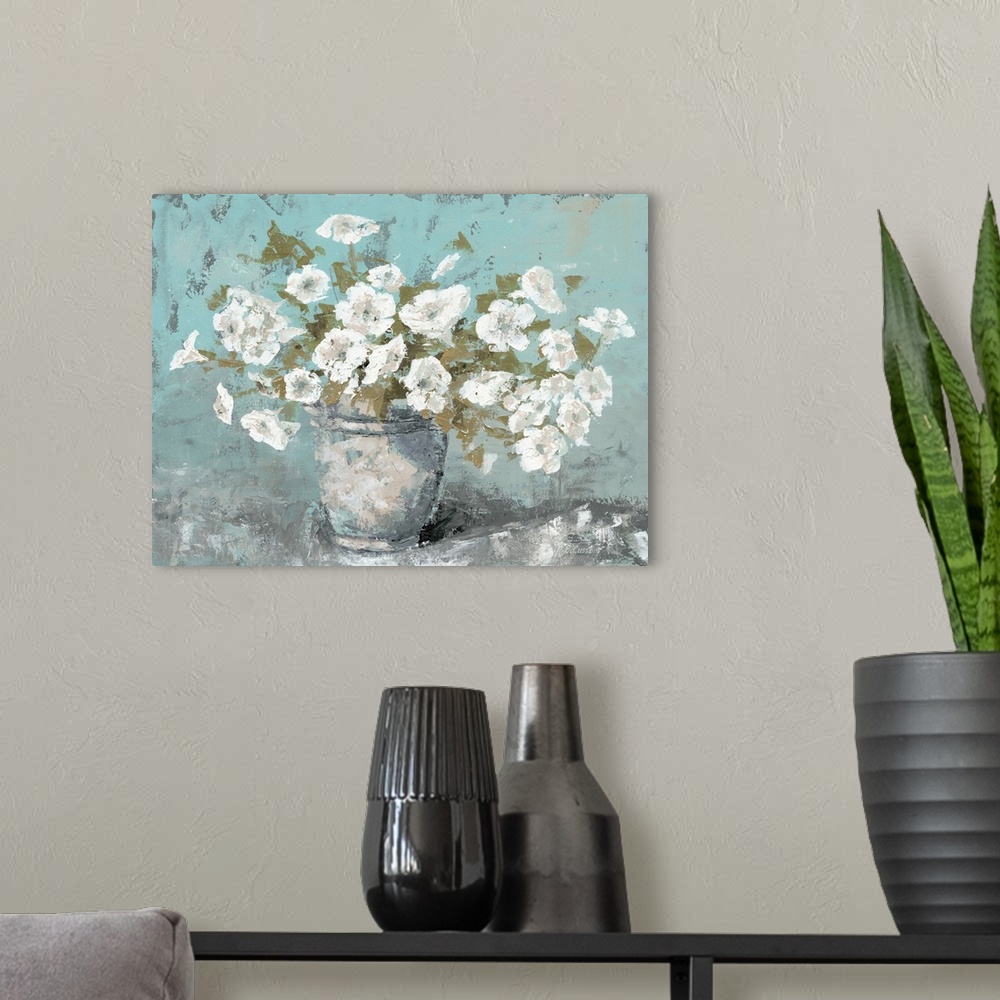 A modern room featuring A contemporary still life painting of a vase full of white bloomed flowers with a teal background.