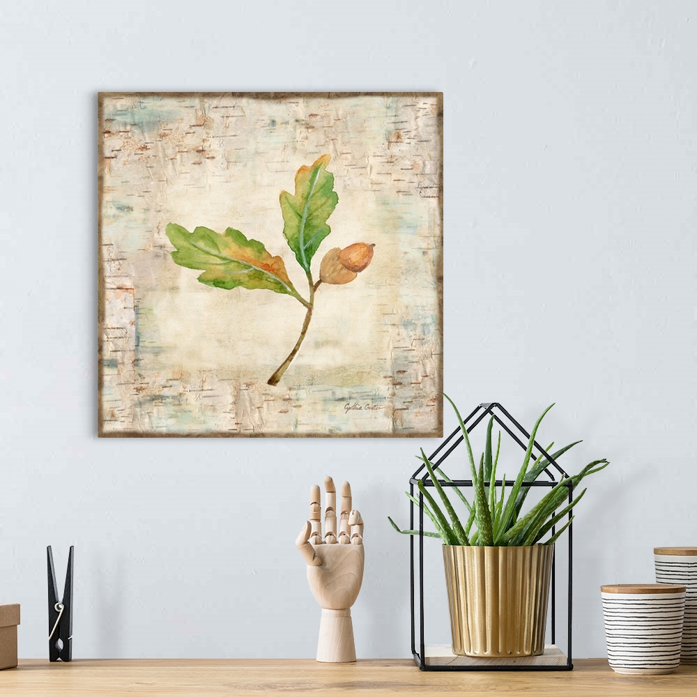A bohemian room featuring Decorative artwork of a fall leaf against a wood bark texture with a brown border.