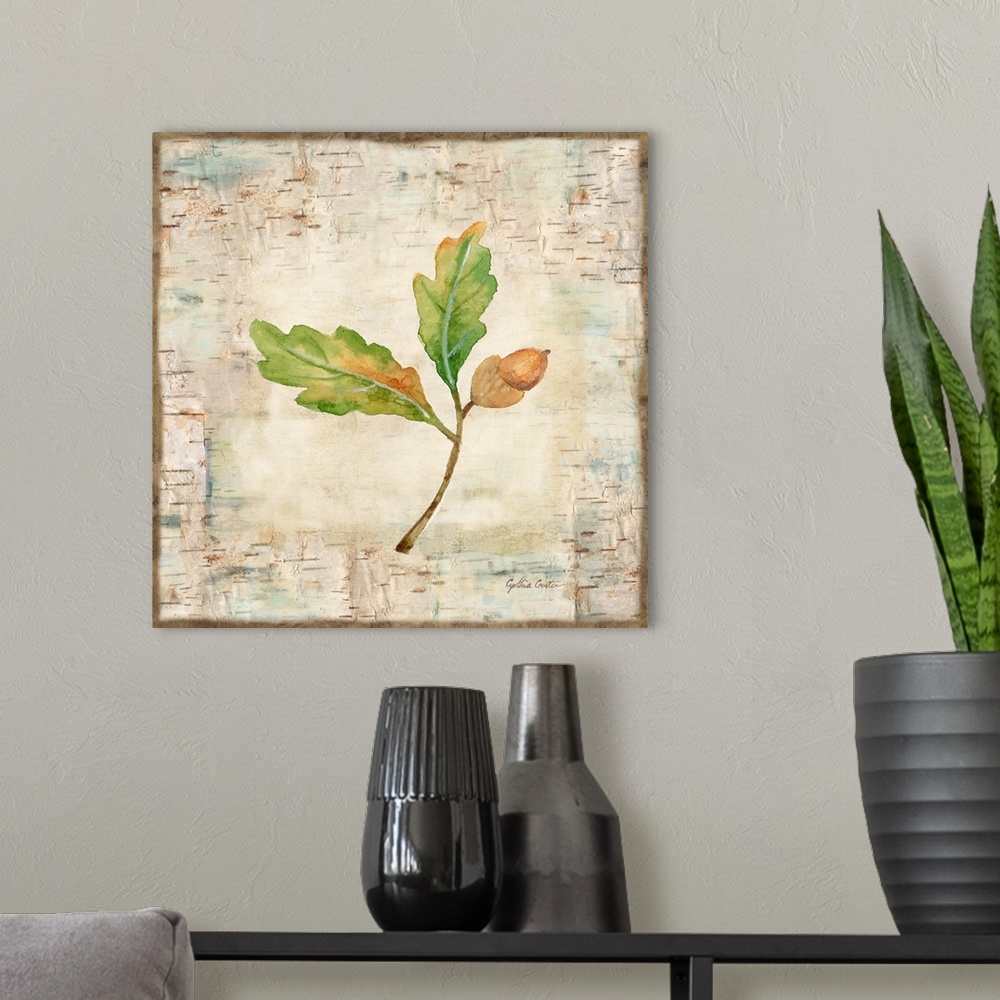 A modern room featuring Decorative artwork of a fall leaf against a wood bark texture with a brown border.