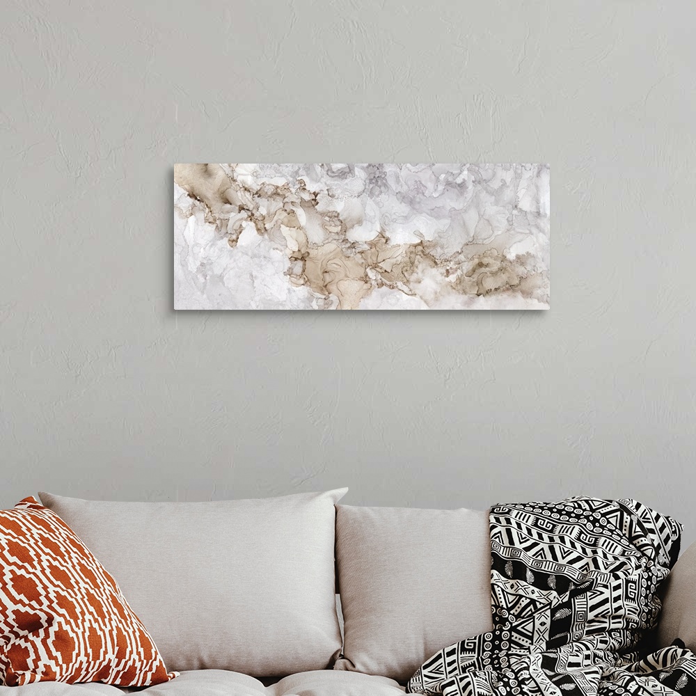 A bohemian room featuring Horizontal abstract painting in shades of gray and brown in the style of marble.