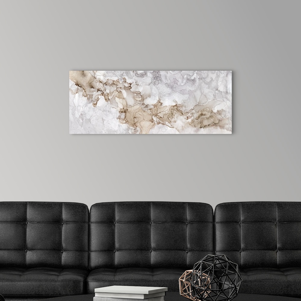 A modern room featuring Horizontal abstract painting in shades of gray and brown in the style of marble.