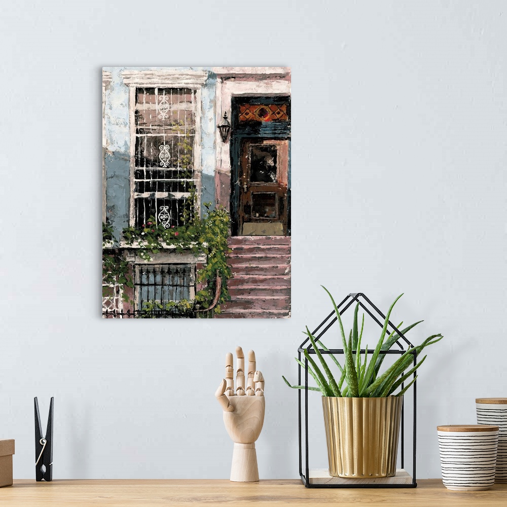 A bohemian room featuring A contemporary painting of a New York neighborhood street scene of brownstone houses.