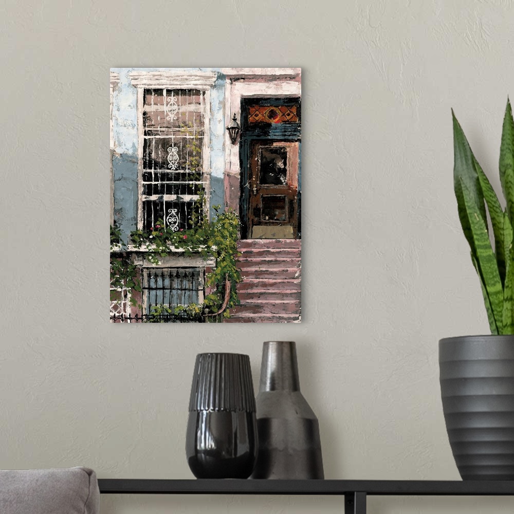 A modern room featuring A contemporary painting of a New York neighborhood street scene of brownstone houses.