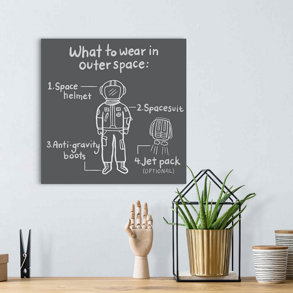 A bohemian room featuring Illustration of what to wear in outer space on a dark gray background.