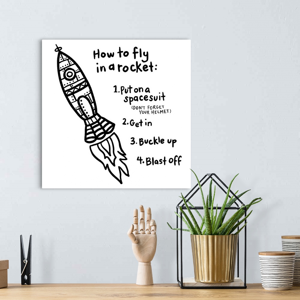A bohemian room featuring Directions on how to fly in a rocket on a white background.