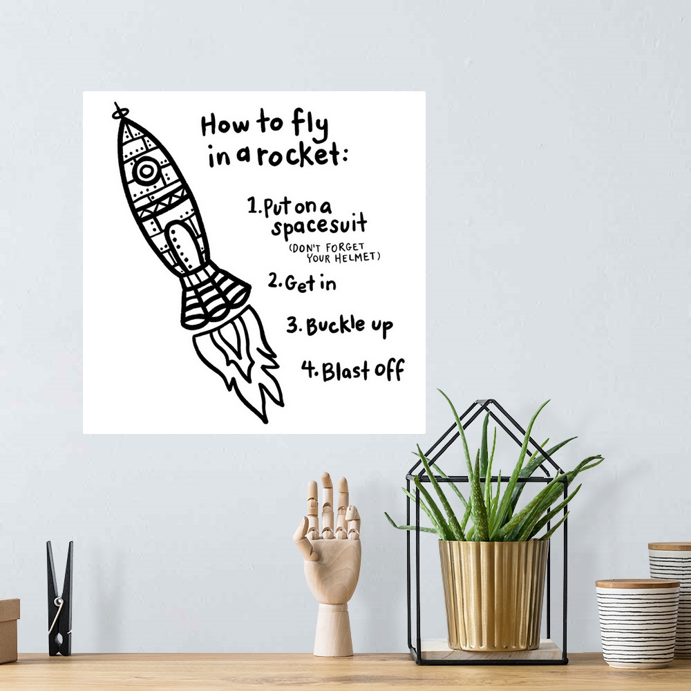 A bohemian room featuring Directions on how to fly in a rocket on a white background.
