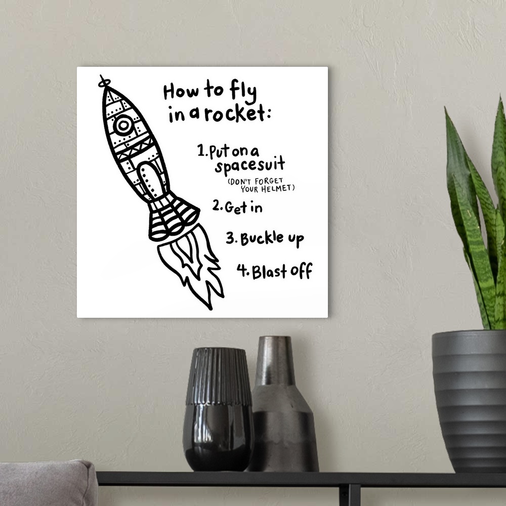A modern room featuring Directions on how to fly in a rocket on a white background.