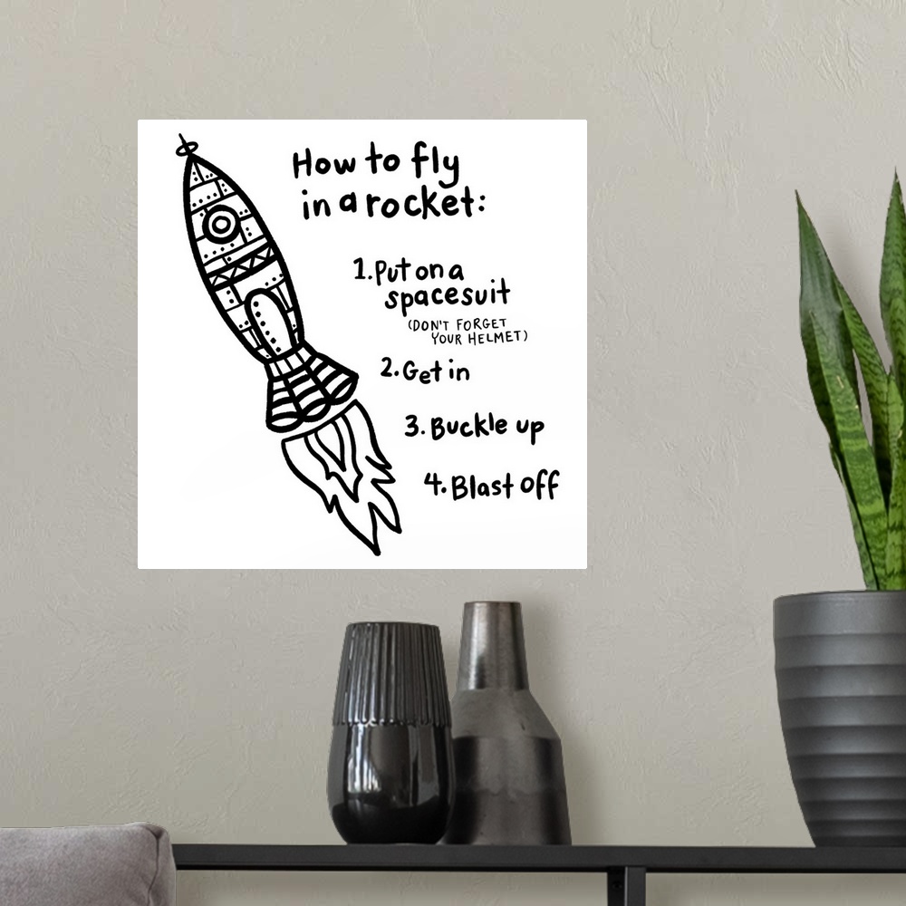 A modern room featuring Directions on how to fly in a rocket on a white background.