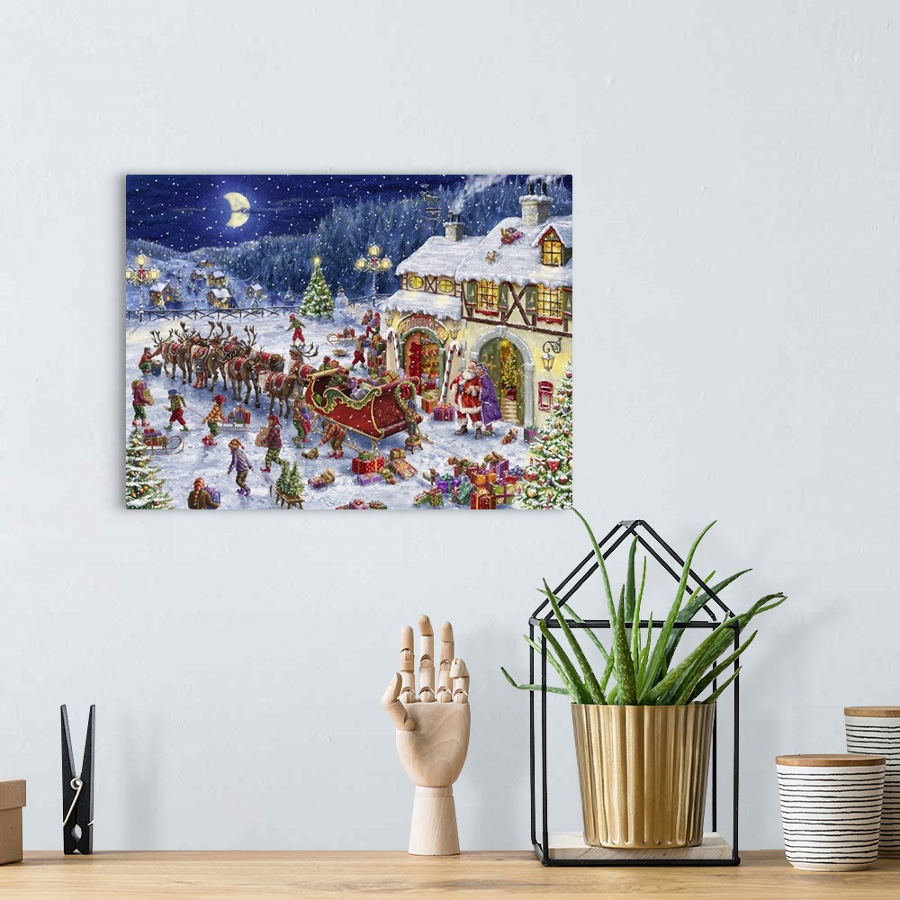 A bohemian room featuring A traditional holiday painting of Santa's elves packing up his sleigh to deliver gifts on Christm...