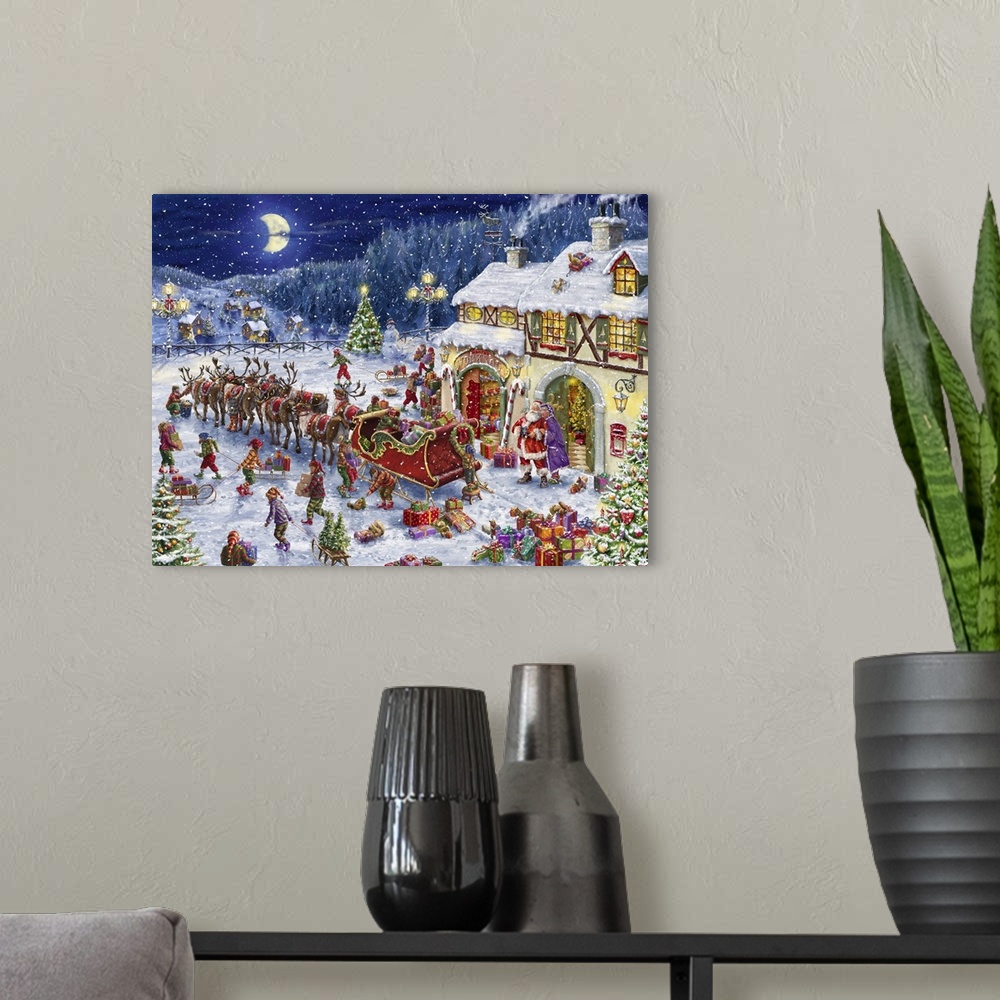 A modern room featuring A traditional holiday painting of Santa's elves packing up his sleigh to deliver gifts on Christm...
