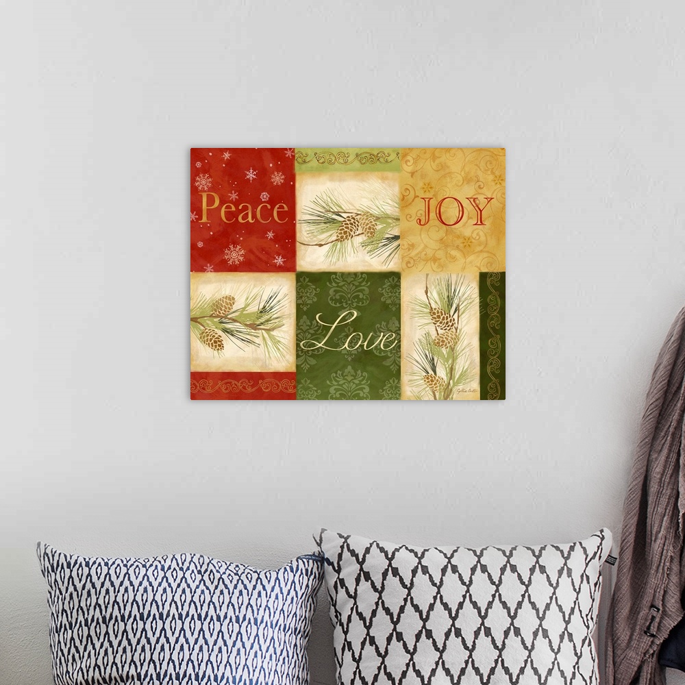 A bohemian room featuring A decorative holiday image multiple squares in different colors with "Peace, Joy, Love" and pine ...