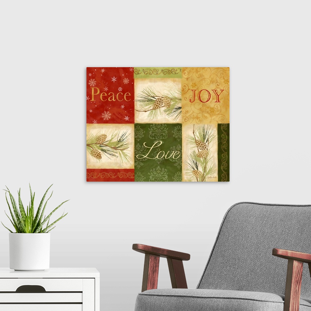 A modern room featuring A decorative holiday image multiple squares in different colors with "Peace, Joy, Love" and pine ...