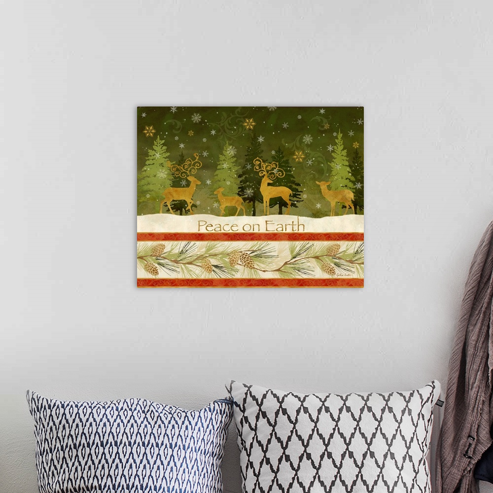 A bohemian room featuring A decorative holiday design of a group of gold silhouetted deer in a forest during a snow fall wi...