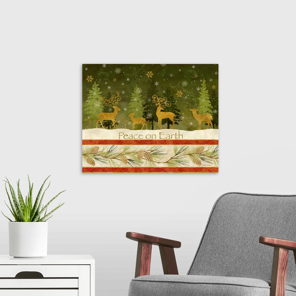 A modern room featuring A decorative holiday design of a group of gold silhouetted deer in a forest during a snow fall wi...