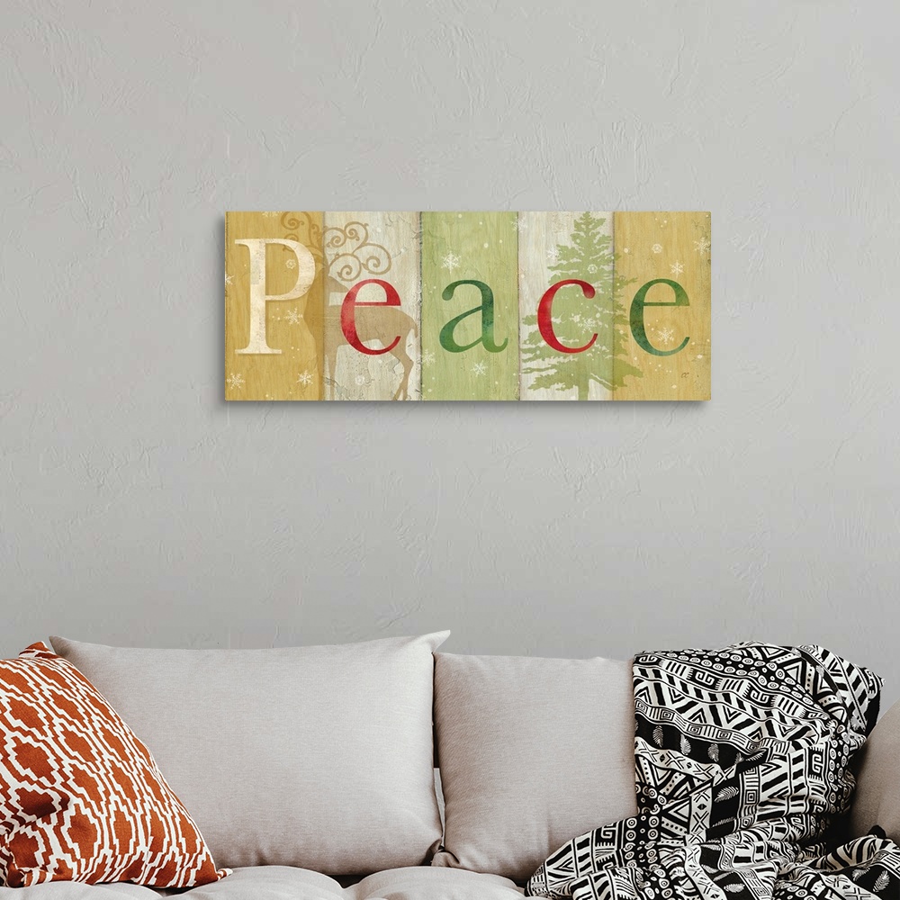 A bohemian room featuring "Peace" on a multi-colored wood plank background with a reindeer and tree.