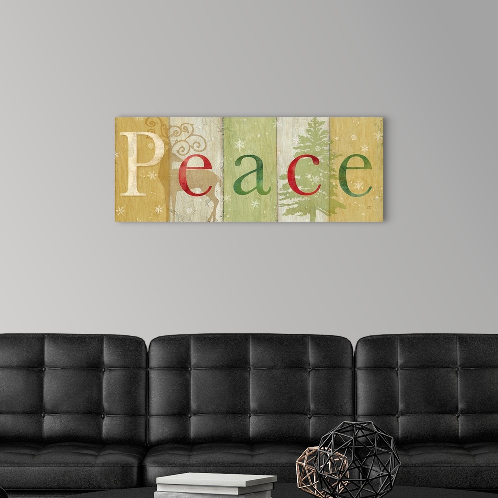 A modern room featuring "Peace" on a multi-colored wood plank background with a reindeer and tree.