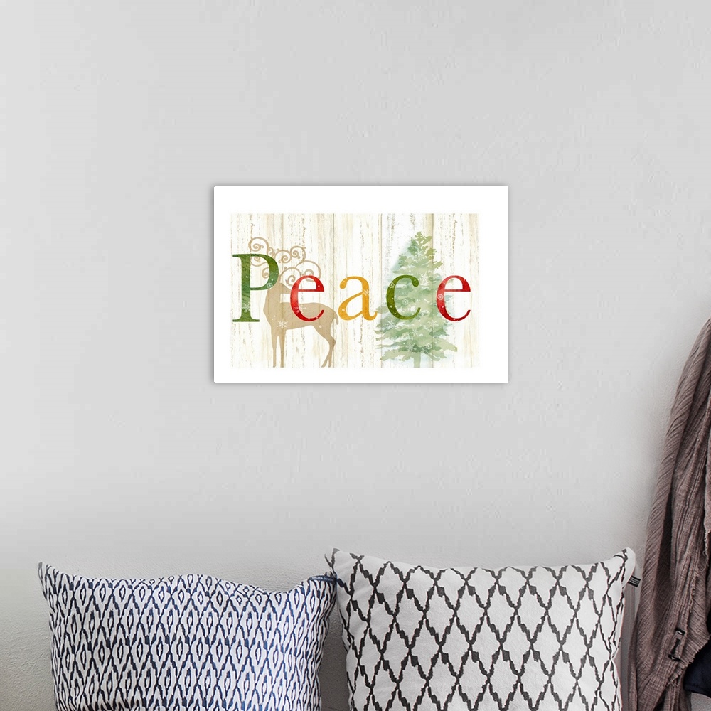 A bohemian room featuring Peace Whitewash Wood sign