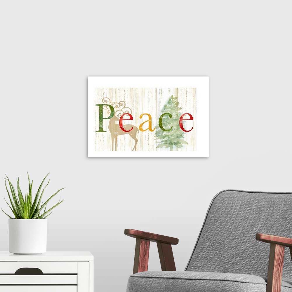 A modern room featuring Peace Whitewash Wood sign