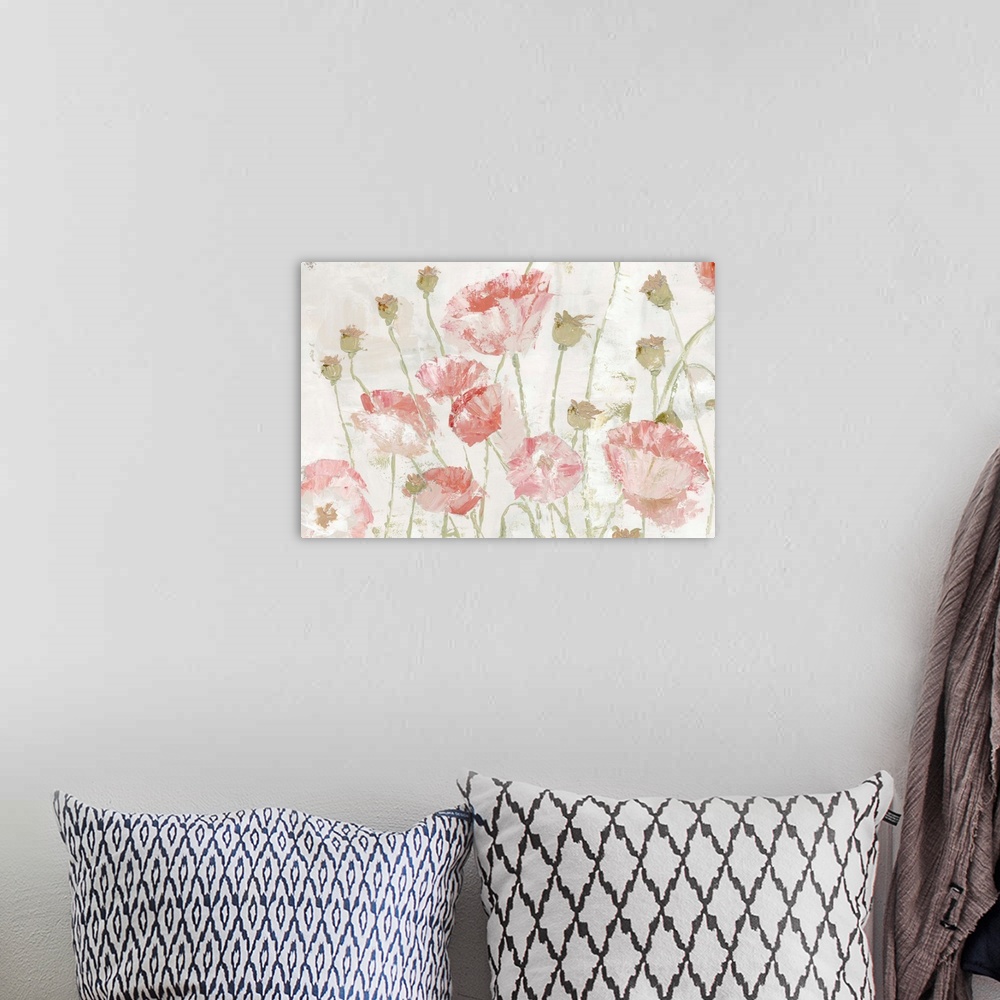 A bohemian room featuring Contemporary painting of a group of red poppies in faded tones on a neutral backdrop.