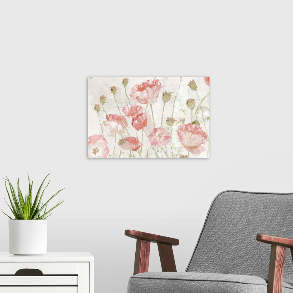 A modern room featuring Contemporary painting of a group of red poppies in faded tones on a neutral backdrop.