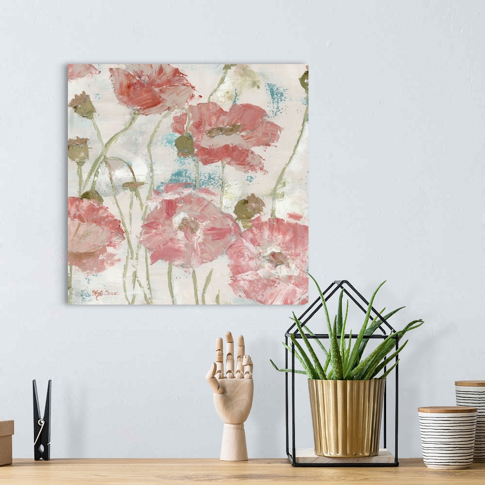 A bohemian room featuring Contemporary painting of a group of red poppies in faded tones on a neutral backdrop.