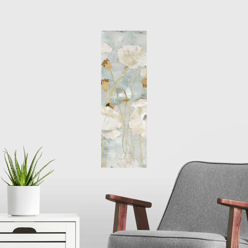 A modern room featuring Contemporary painting of a group of white poppies on a muted gray backdrop.