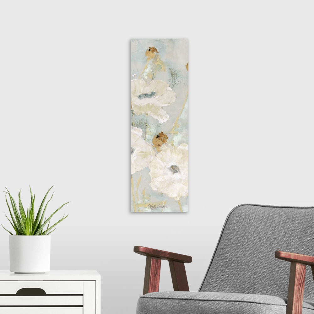 A modern room featuring Contemporary painting of a group of white poppies on a muted gray backdrop.