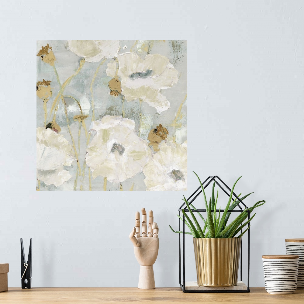 A bohemian room featuring Contemporary painting of a group of white poppies on a muted gray backdrop.