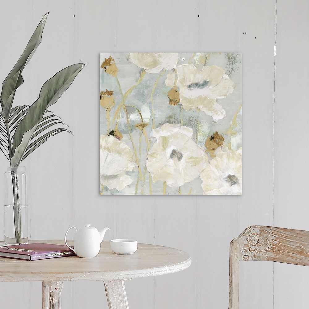 A farmhouse room featuring Contemporary painting of a group of white poppies on a muted gray backdrop.