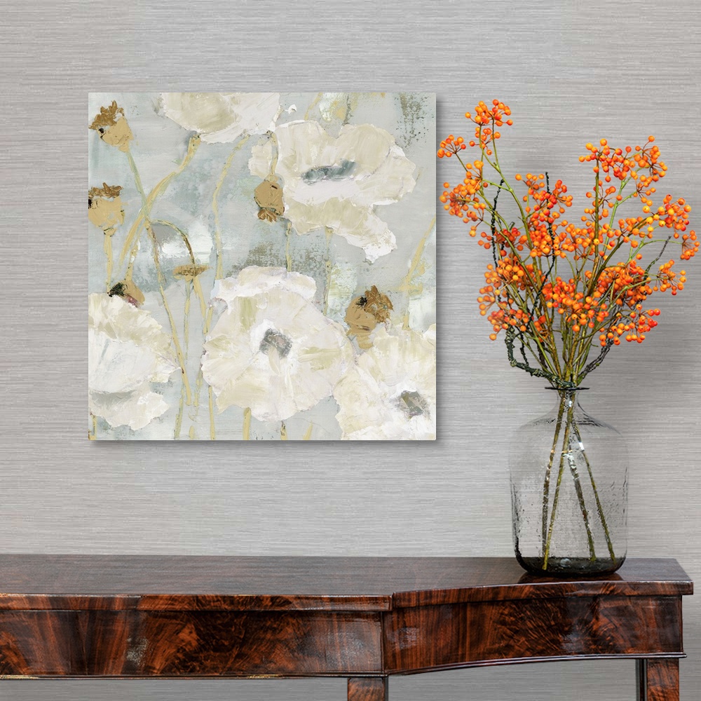 A traditional room featuring Contemporary painting of a group of white poppies on a muted gray backdrop.