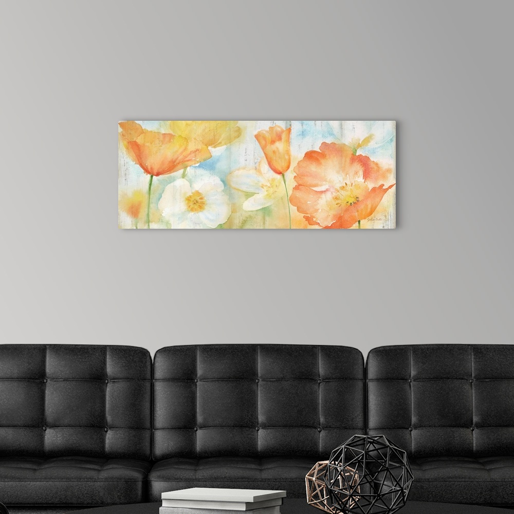 A modern room featuring A bright watercolor painting of white, orange and yellow poppies against a faded blue and green b...
