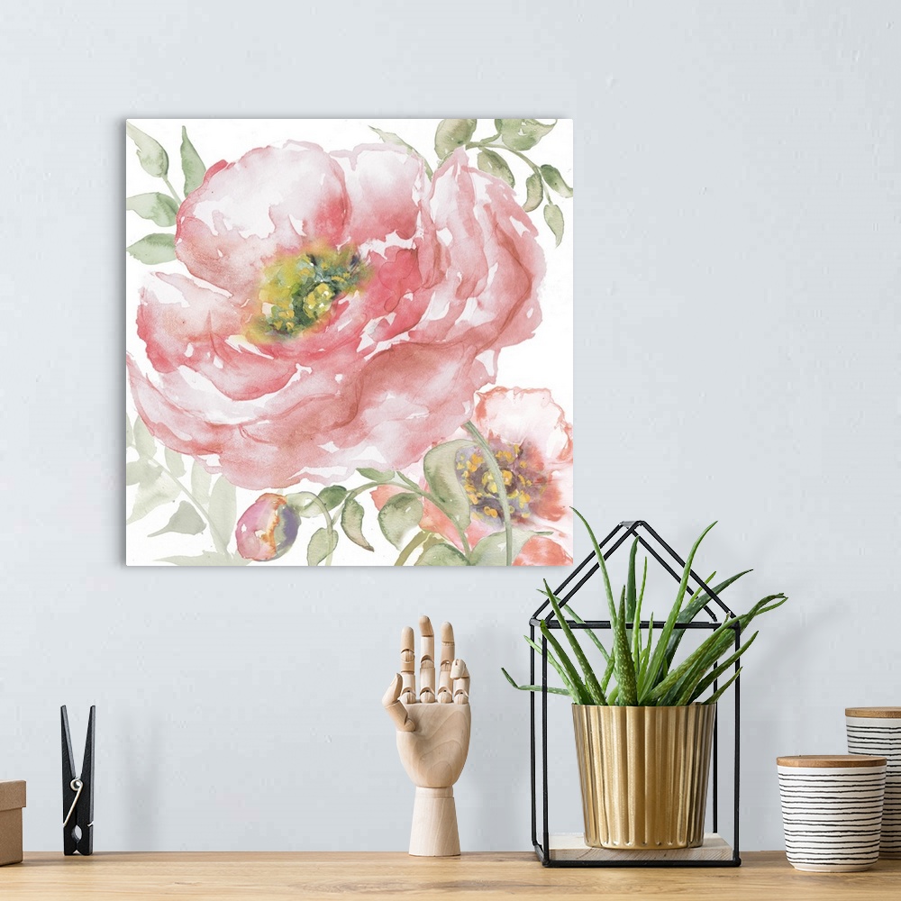 A bohemian room featuring A square decorative watercolor painting of large pink poppy blooms on a white background.