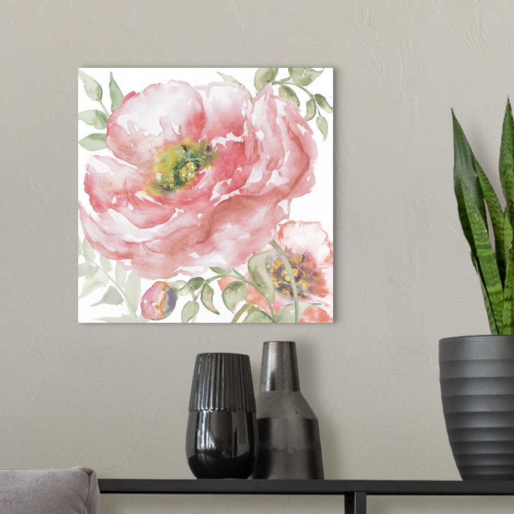 A modern room featuring A square decorative watercolor painting of large pink poppy blooms on a white background.