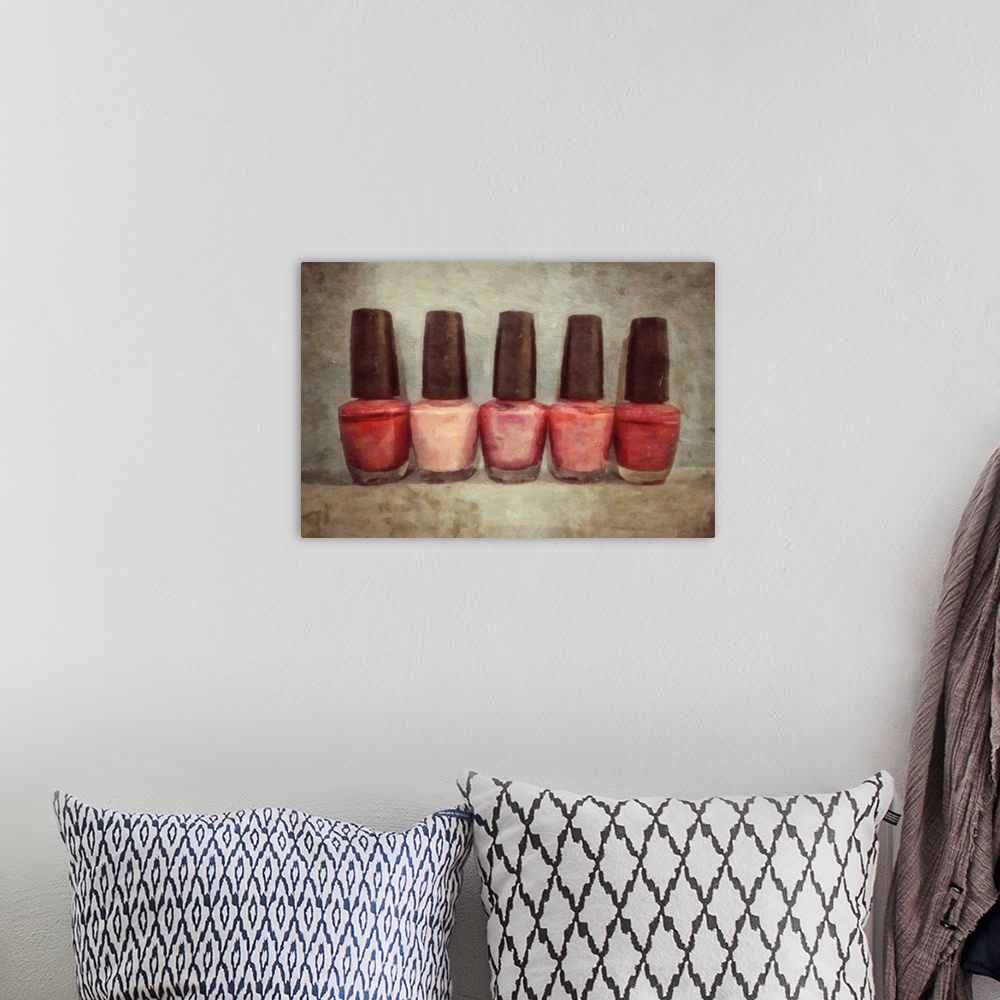 A bohemian room featuring Contemporary painting of a row of red and pink nail polish bottles on a neutral backdrop.