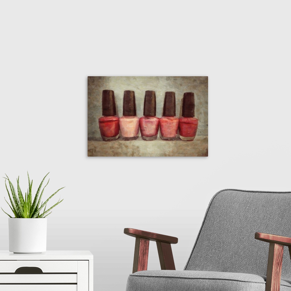 A modern room featuring Contemporary painting of a row of red and pink nail polish bottles on a neutral backdrop.