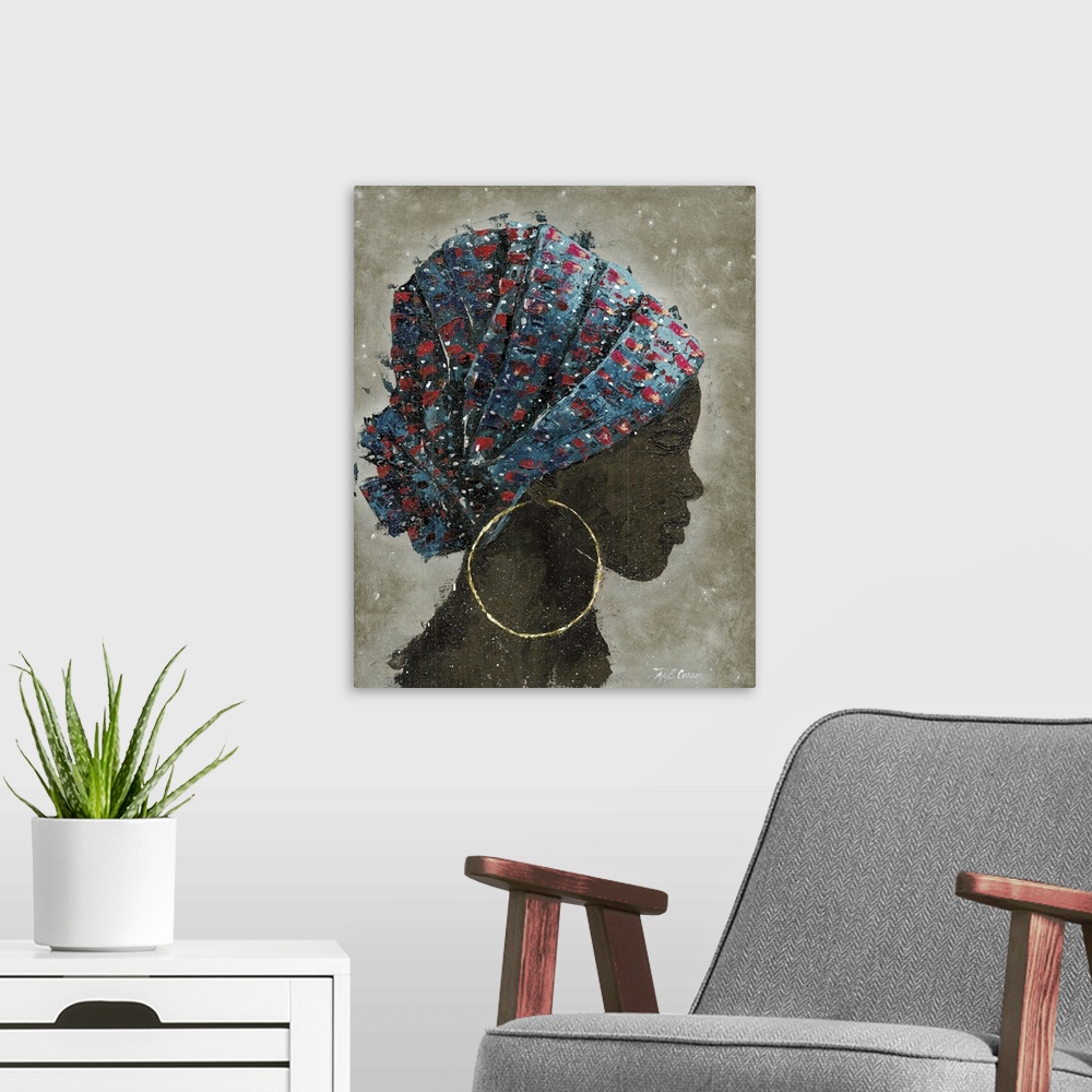 A modern room featuring A textured painting of a portrait of a woman with large hooped earrings and a colorful head scarf.