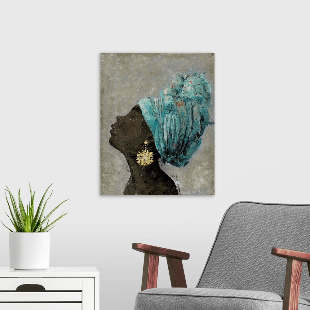 A modern room featuring A textured painting of a portrait of a woman with large gold earrings and a colorful head scarf.