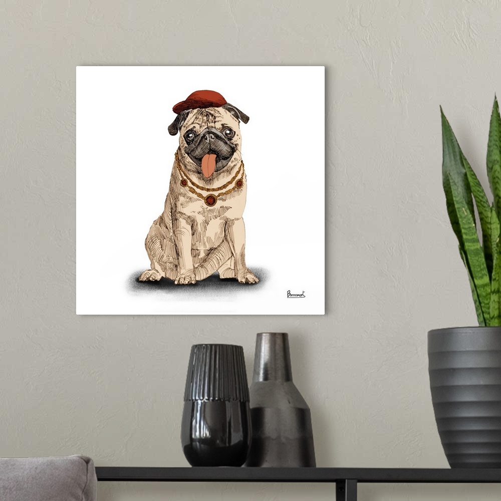 A modern room featuring Pugs in hats I