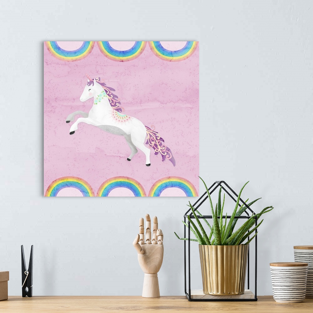 A bohemian room featuring A decorative whimsical design of a white and purple unicorn with a watercolor pink background bor...