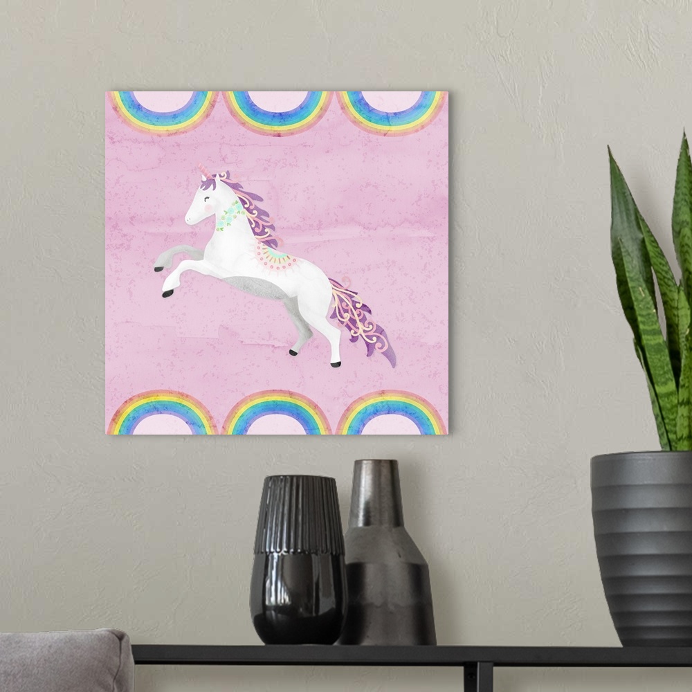 A modern room featuring A decorative whimsical design of a white and purple unicorn with a watercolor pink background bor...
