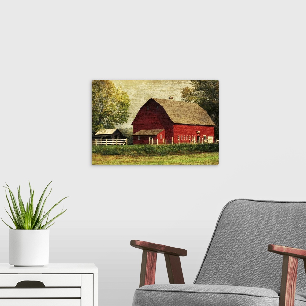 A modern room featuring Image of a large red barn framed by trees with a vintage, distressed overlay.