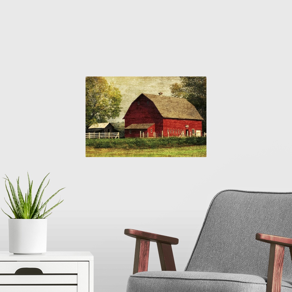 A modern room featuring Image of a large red barn framed by trees with a vintage, distressed overlay.