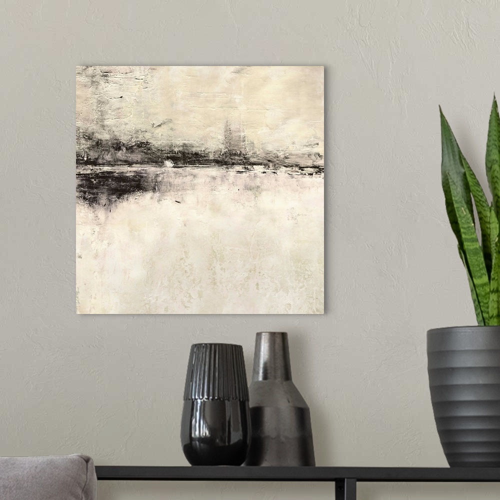 A modern room featuring A square abstract painting of a rough stroked black horizontal line on textured beige.