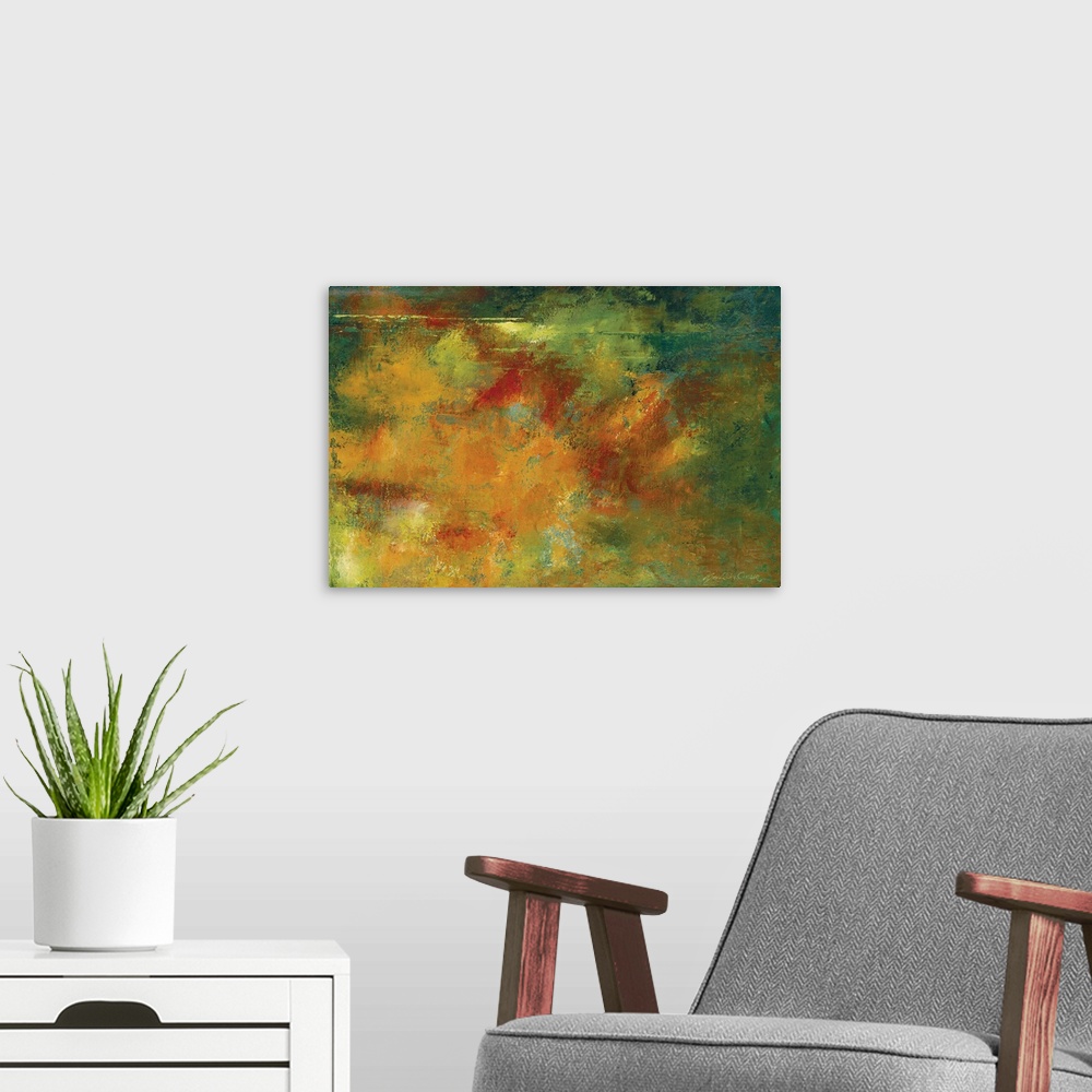 A modern room featuring Horizontal abstract of orange, yellow and green colors with a roughen consistency.