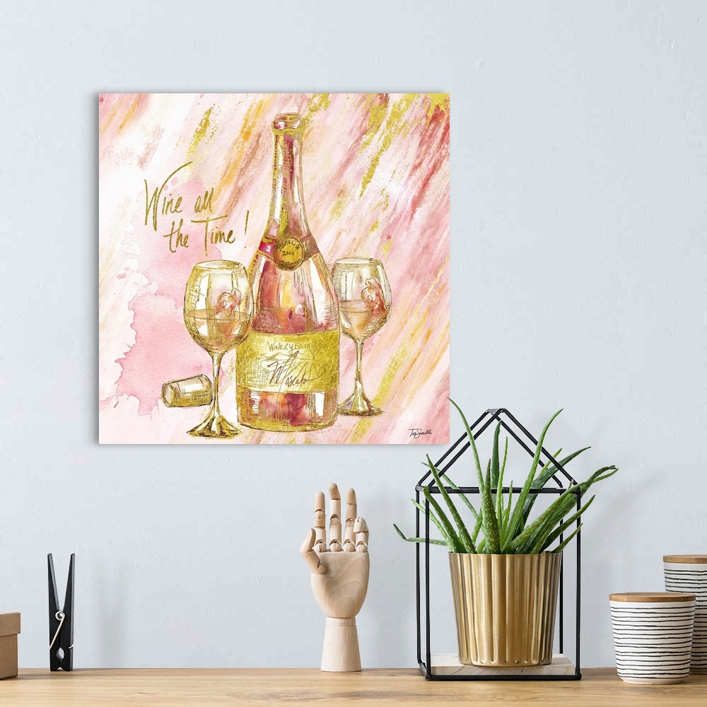A bohemian room featuring Decorative artwork of a wine bottle and glasses against pink and gold streaks and the text "Wine ...