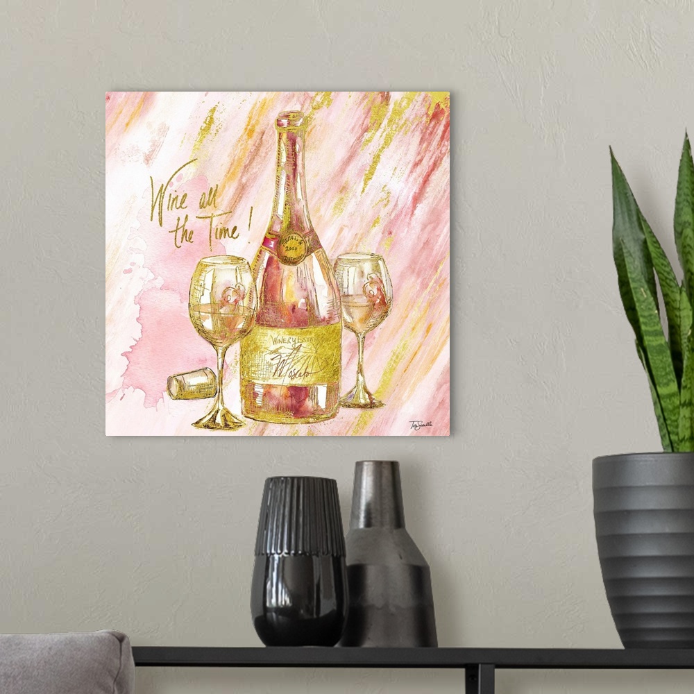 A modern room featuring Decorative artwork of a wine bottle and glasses against pink and gold streaks and the text "Wine ...