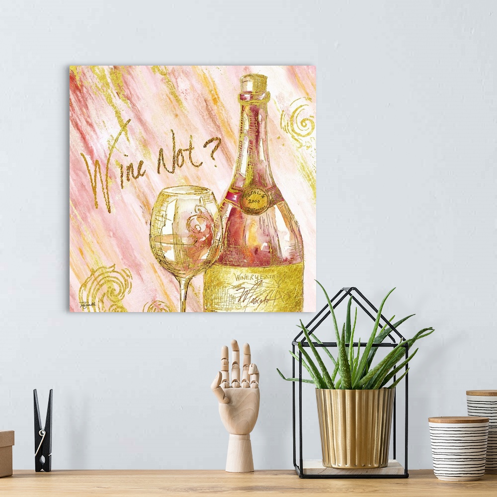 A bohemian room featuring Decorative artwork of a wine bottle and glass against pink and gold streaks and the text "Wine No...